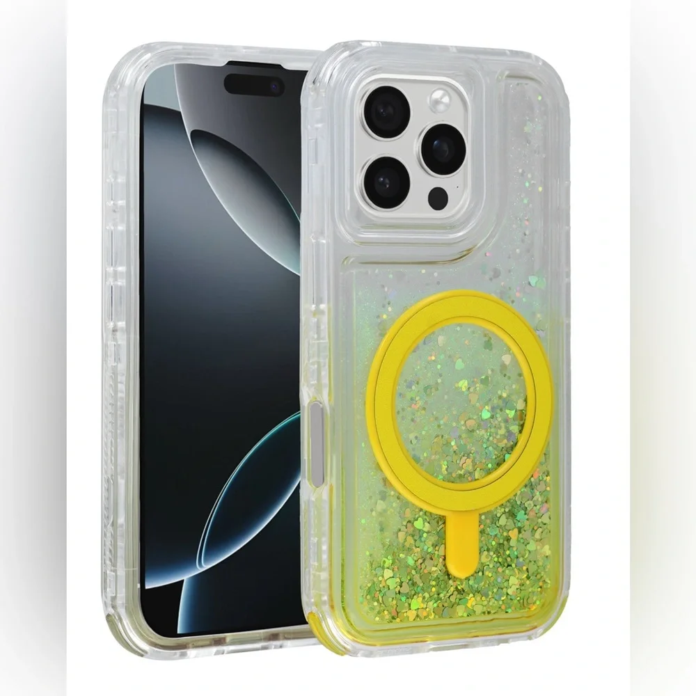 Bling iPhone 16 Pro Max Case MagSafe YELLOW Shockproof Iridescent Liquid